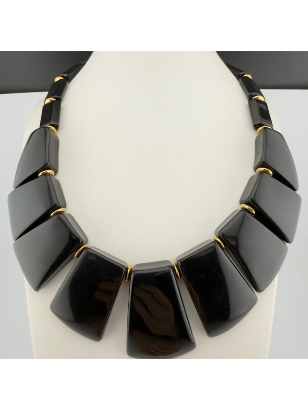 Vintage Chunky Necklace Black Gold Tone Bib Geometric Statement Collar 17"